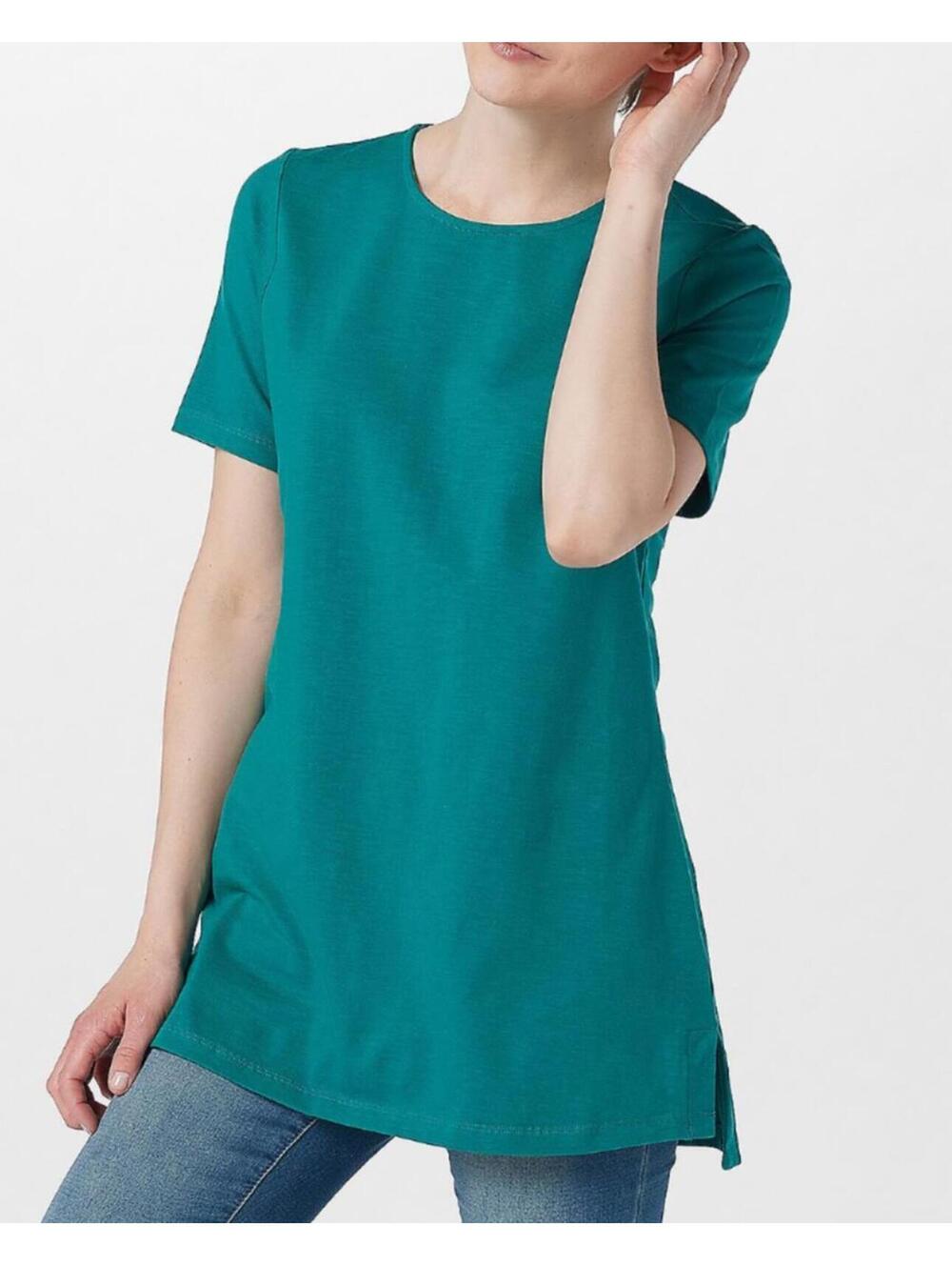 3201 Denim & Co. Essentials Textured Knit Tunic Side Slits GREEN sz S petite